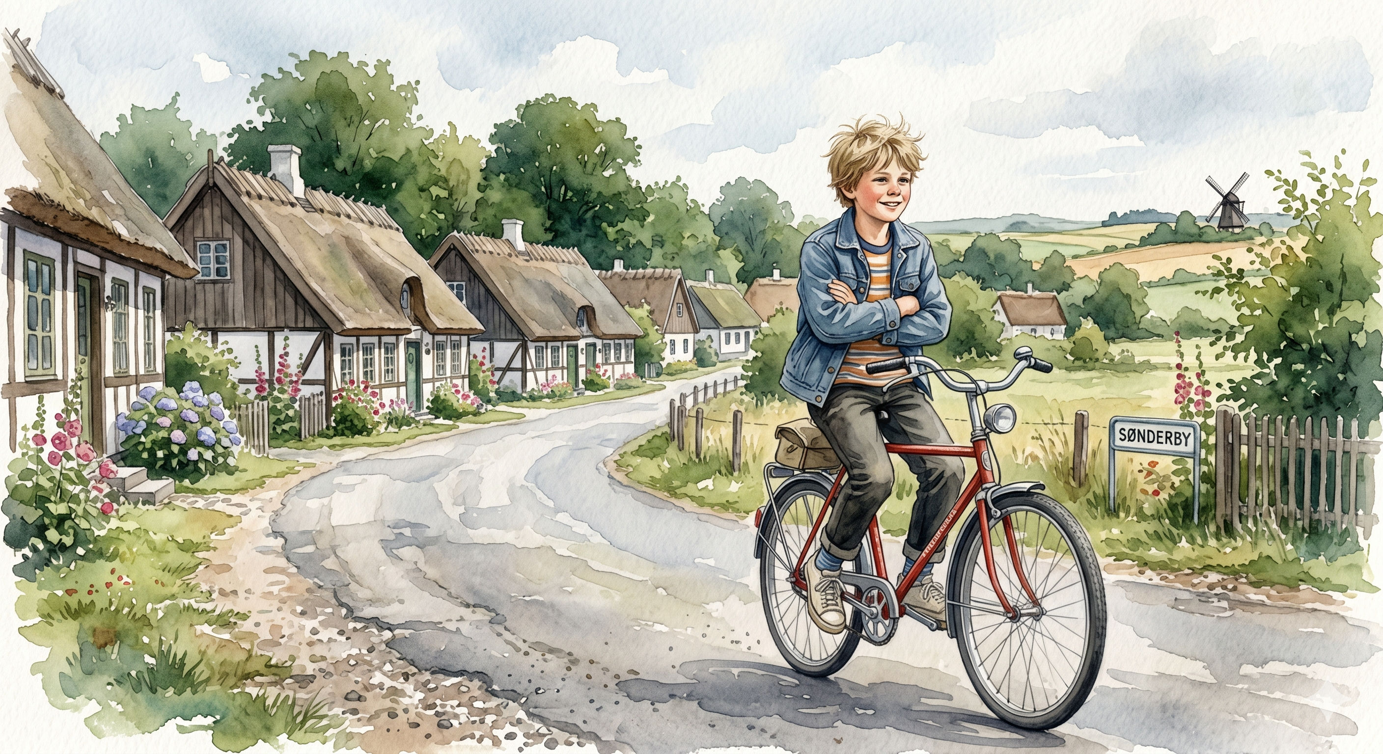 A kid riding a bike down a quiet street, arms folded, handlebars untouched